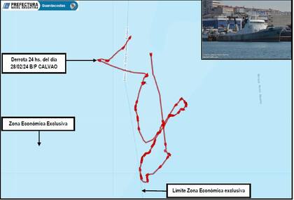 Trayecto del buque de pesca Calvao, de bandera portuguesa, denunciado por Prefectura