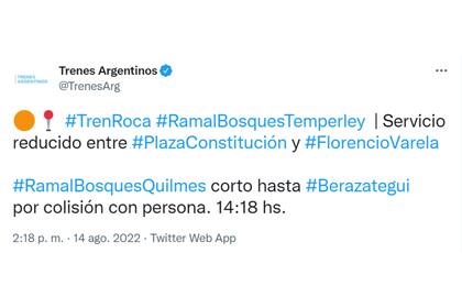 Trenes Argentinos informó la reducción del recorrido del Tren Roca por el accidente que hubo el domingo