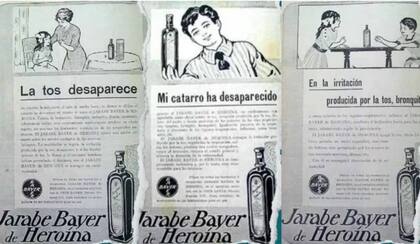 Tres avisos de la campaña publicitaria del Jarabe Bayer de Heroína