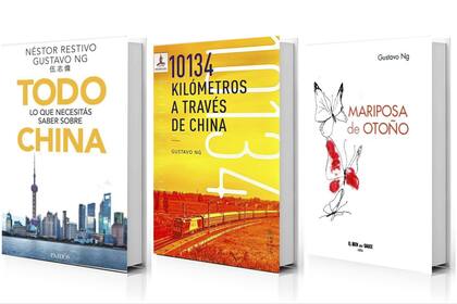 Tres libro de Gustavo Ng: "Todo lo que necesito saber sobre China" (con Néstor Restivo), "10.134 kilómetros a través de China" y "Mariposa de otoño"