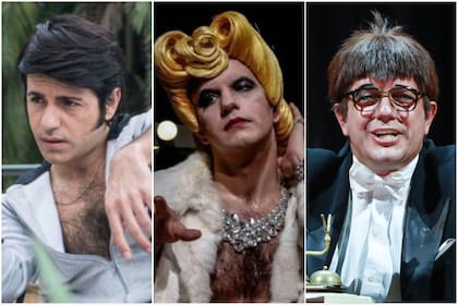 Tres rostros posibles de Marco Antonio Caponi; como Sandro, como Eva Perón, como Tato Bores