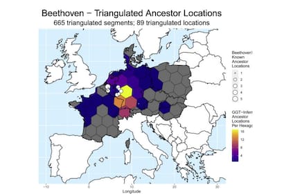 Triangulación geogenética, que muestra las ubicaciones probables de los antepasados autosómicos de Beethoven (Análisis genómicos del cabello de Ludwig van Beethoven Begg, Tristan James Alexander et al. Biología Actual, Volumen 33, Número 8, 1431 - 1447.e22)