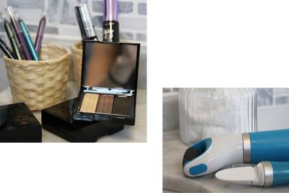 Trio de sombras $403 y delineador negro $252 de Natura / Máscara de pestañas $269 sugerido y delineadores de colores $240 de Maybelline / Exfoliador para pies $702 y lima eléctrica $572 de Amopé