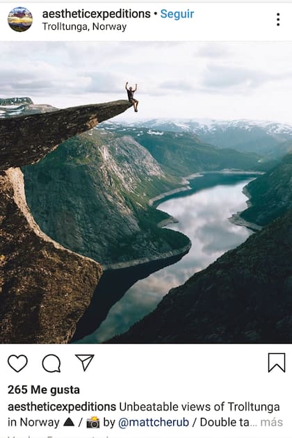 Trolltunga, un acantilado en Noruega, es uno de los sitios turísticos más difundidos en la red social