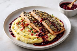 Trucha con puré de papas y salsa de frutos rojos