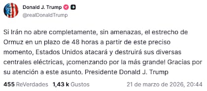 Trump amenaza a Irán con destruir sus centrales eléctrica en el caso de que no reabran el estrecho de Orrmuz en las próximas 48 horas