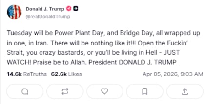 Trump amenaza con un feroz ataque sobre centrales eléctricas y puentes de Irán.