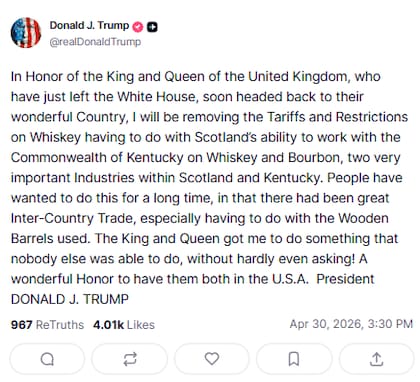 Trump anunció la baja de aranceles al whisky, tras la visita de los reyes británicos