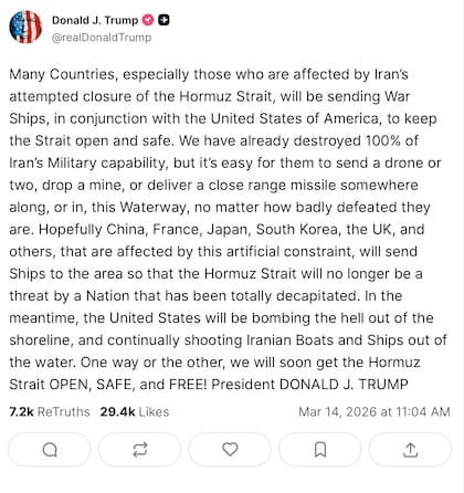 Trump anunció que varios países enviarán soporte militar a Estados Unidos para mantener abierto y seguro al estrecho de Ormuz