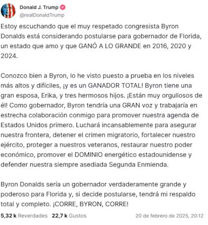 Trump apoyó al congresista Byron Donalds para suceder a Ron DeSantis en Florida