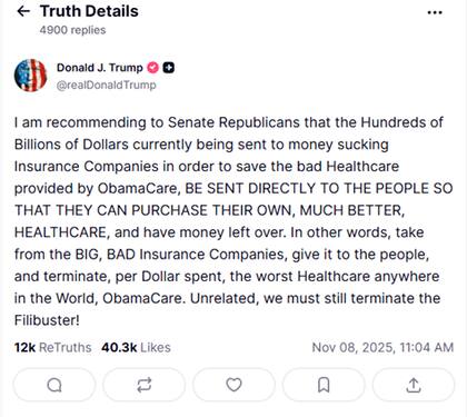 Trump apunta contra el sistema de salud de Obamacare