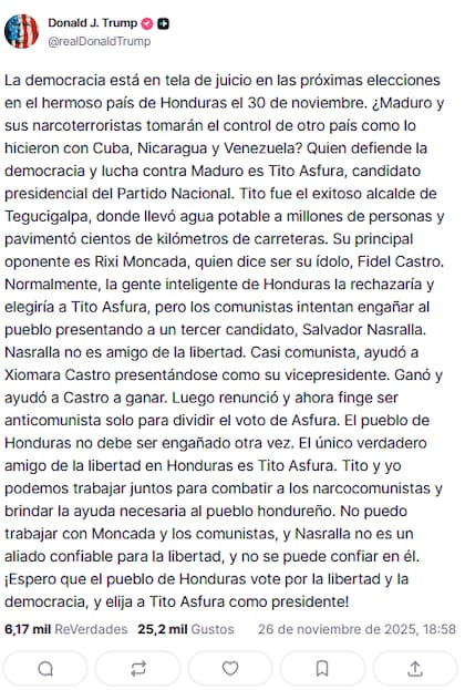 Trump asegura que Asfura es el candidato para luchar contra los narcoterroristas