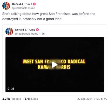 Trump aseguró que Harris destruyó San Francisco cuando fue Fiscal de distrito