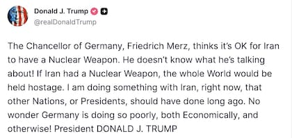 Trump atacó a Merz en Truth Social