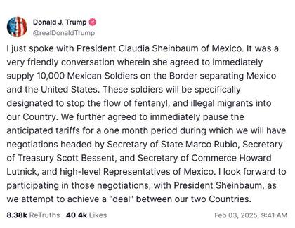 Trump calificó el diálogo con Sheinbaum como "amistoso"