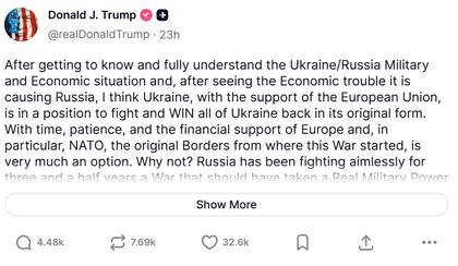 Trump cambió su discurso sobre la guerra en Ucrania. Fuente: Truth Social