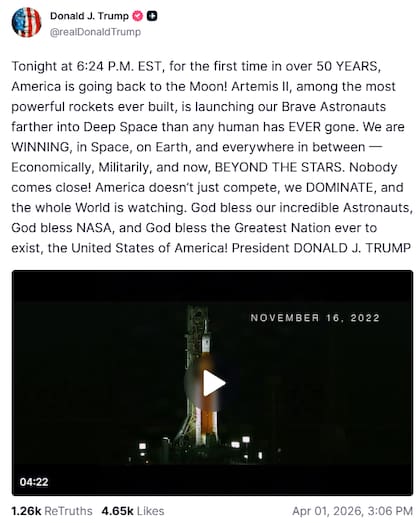 Trump celebró el próximo lanzamiento de Artemis II