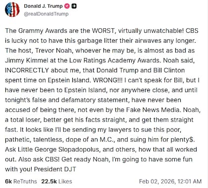 Trump criticó a los premios Grammy