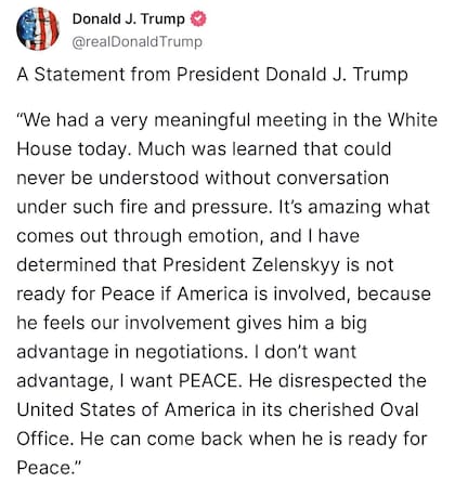 Trump dijo que Zelensky no está listo para la paz mientras Estados Unidos esté involucrado y no firmaron el acuerdo sobre el futuro de Ucrania