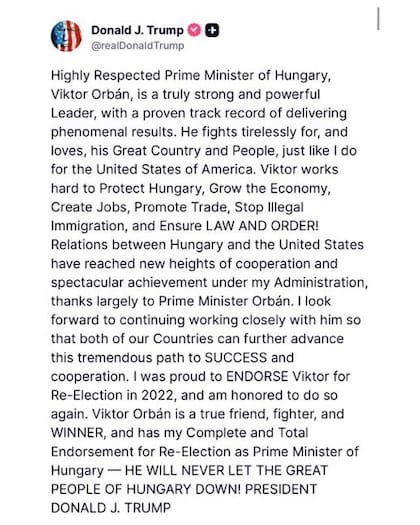 Trump elogió a Orban en Truth Social previo a la visita de Rubio