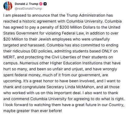 Trump festeja el "acuerdo histórico" con Columbia