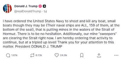 Trump ordenó disparar y matar a cualquier embarcación que esté colocando minas en las aguas del estrecho de Ormuz