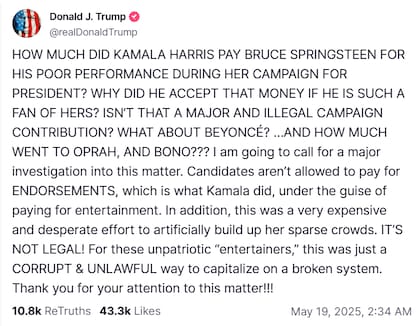 Trump pide investigar a los artistas que participaron en los actos de campaña de Kamala Harris