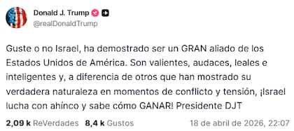 Trump publicó un mensaje asegurando que Israel es un "gran aliado" de Estados Unidos