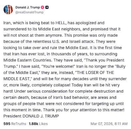 Trump reaccionó al mensaje del presidente de Irán y prometió que hoy la republica islámica será golpeada con fuerza.