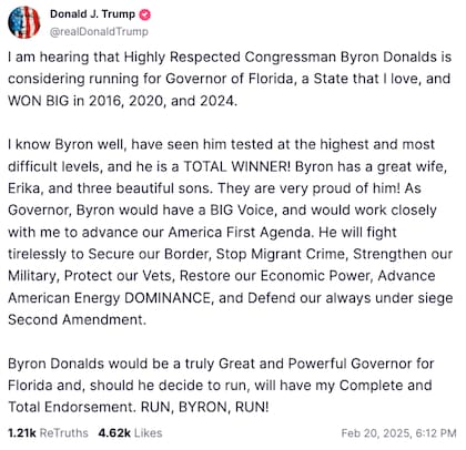 Trump respaldó al congresista Byron Donalds para gobernador de Florida en una publicación en Truth Social