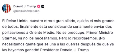Trump señaló al primer ministro Starmer que no necesitan de su ayuda en un conflicto que Estados Unidos ya ganó