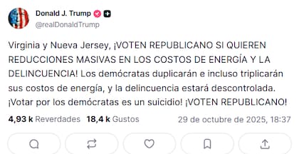 Trump sostuvo que de ganar los demócratas en Virginia y Nueva Jersey, se duplicarán los costos de energía, y la delincuencia