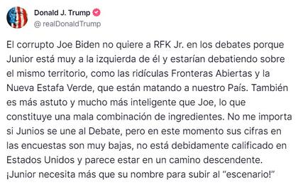 Trump sostuvo que Robert F. Kennedy Jr. no está en condiciones de participar del debate