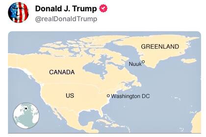 Trump subió a su cuenta de Truthsocial un mapa para ilustrar la cercanía de Groenlandia con América del Norte
