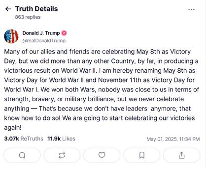 Trump sugiere establecer un nuevo feriado federal el 8 de mayo