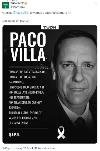 TUDN MEX despidió a Paco Villa en sus redes sociales
