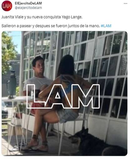 Tuit de El ejército de LAM en donde se muestra a Juana Viale junto a Yago Lange (Fuente: @elejercitodelam)
