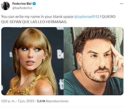 Tuit de Fede Bal sobre la llegada de Taylor a Argentina