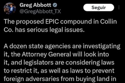 El controversial mensaje de Abbott en X sobre el proyecto de EPIC City