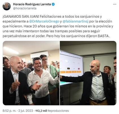 Tuit de Horacio Rodríguez Larreta luego del resultado de las elecciones en San Juan