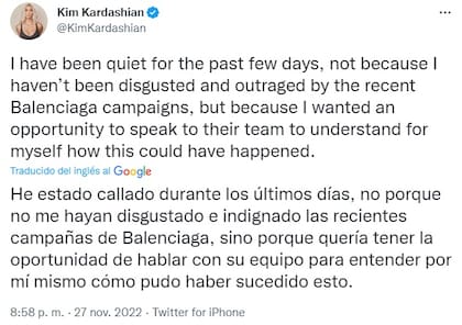 Tuit de Kim Kardashian en repudio a Balenciaga