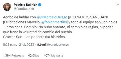 Tuit de Patricia Bullrich tras el resultado electoral en San Juan