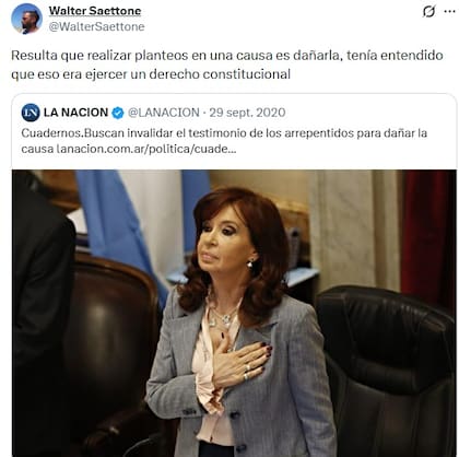 Tuit del juez Walter Saettone sobre la causa Cuadernos y la figura de Cristina Kirchner