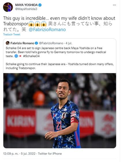 Tuit que compartió Maya Yoshida ante la información que brindó el periodista Fabrizio Romano