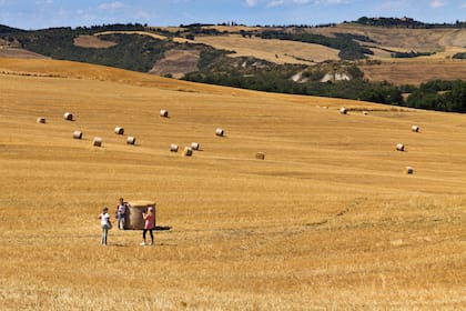 Turistas se detienen a tomarse una foto con los rollos de pastos para el invierno