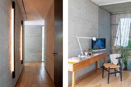 Ubicado en un rincón sobre la fachada, el escritorio se armó con un mueble hecho a medida (Estudio LDMB), lámpara ‘Volée’ (Fontana Arte) y silla ‘Wishbone’. Junto a estas líneas, el pasillo con escenográficas luces verticales (Concepto Luz).