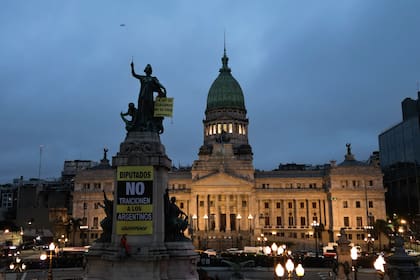 Un activista de Greenpeace sostiene una pancarta con el mensaje "Diputados no traicionen a los argentinos"