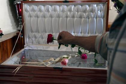 Un amigo coloca una rosa en el ataúd que contiene los restos del periodista asesinado Armando Linares en Zitácuaro, en el estado de Michoacán, México, el miércoles 16 de marzo de 2022  (AP Foto/Marco Ugarte)