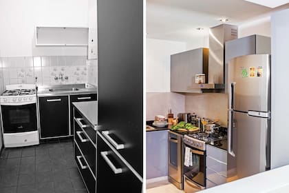 ANTES. El amoblamiento era negro, tenía mesada metálica y revestimiento de azulejos. DESPUÉS. El ambiente mantuvo su disposición en L pero avanzó hasta la división existente.