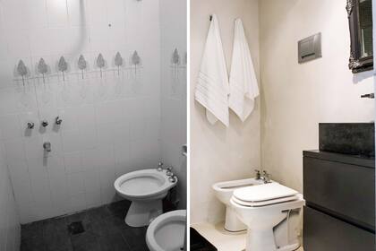 ANTES. Mínimo, sin bañera y con una distribución y funcionalidad deficientes. DESPUÉS. Se amplió hacia el frente y hacia el costado, tomando metros del dormitorio principal para alojar el box de ducha.